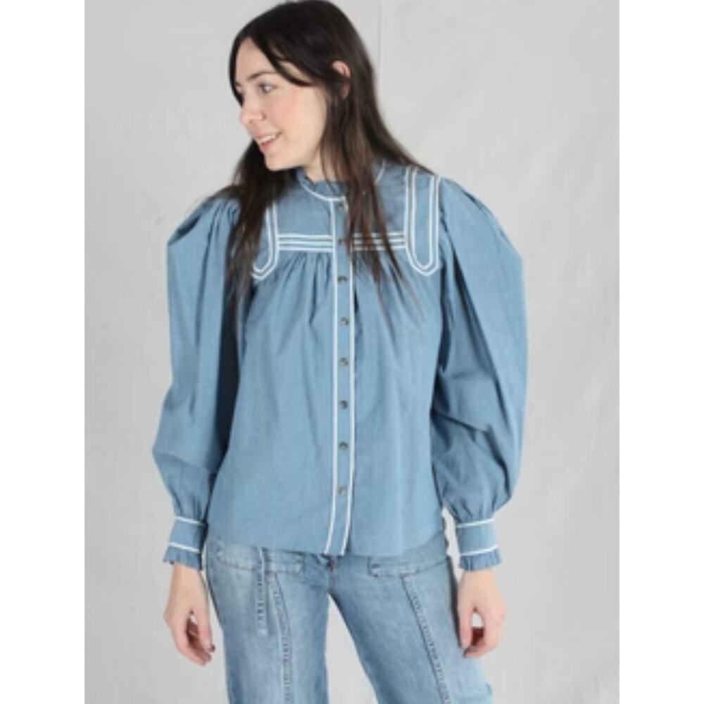 Ulla Johnson Abigail Chambray embroidered blue blouse size 8
